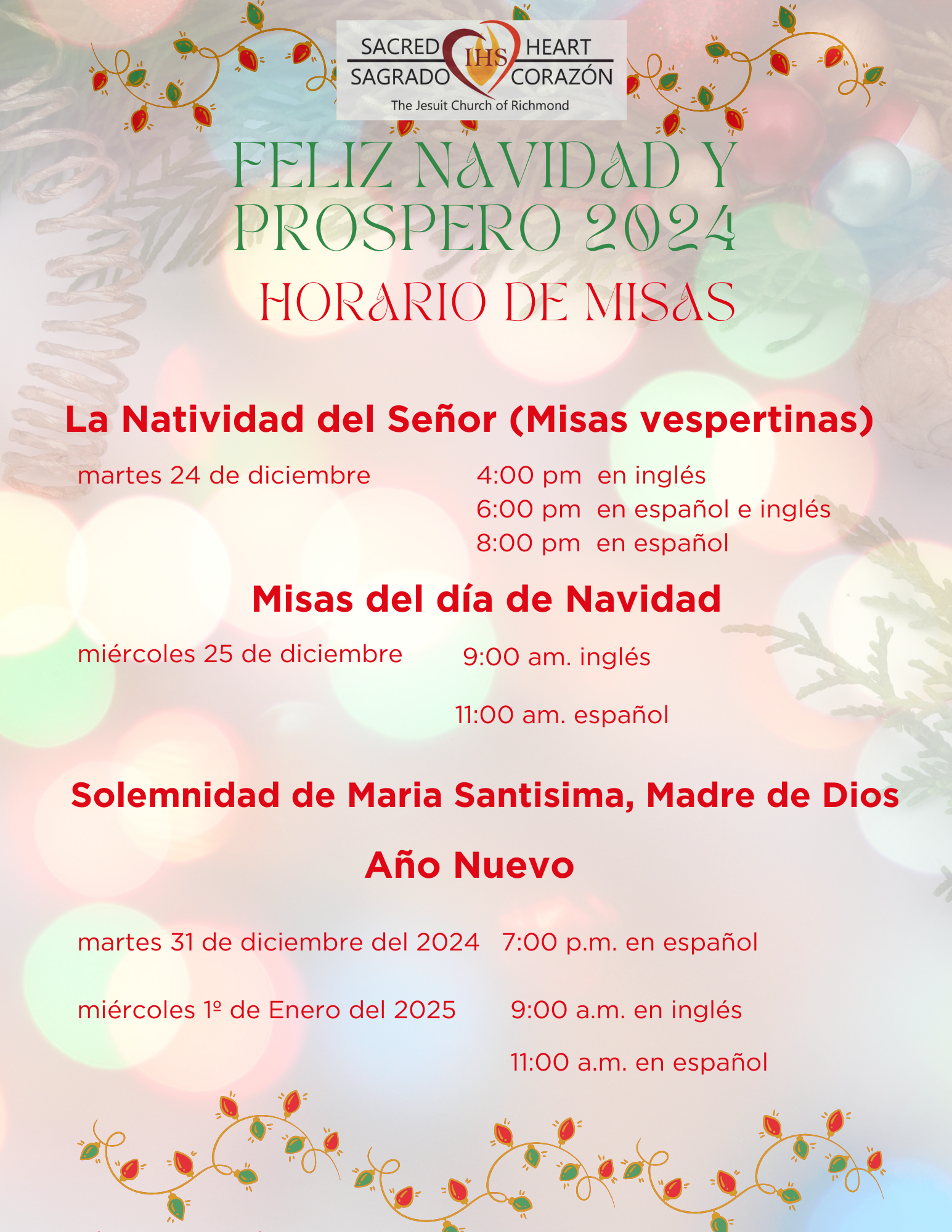 Horario de Misas - Navidad y Año Nuevo